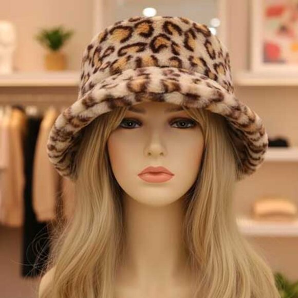 2/$30 Ladies Fuzzy Light Leopard Print Bucket Hat - Picture 1 of 7